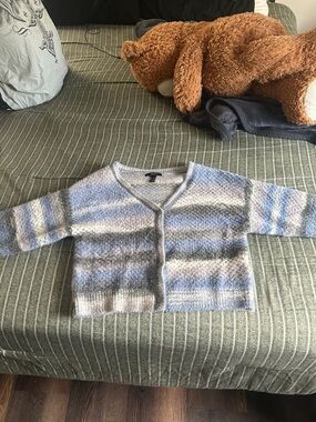 Cozy Striped Knit Cardigan in Light Blue and Gray